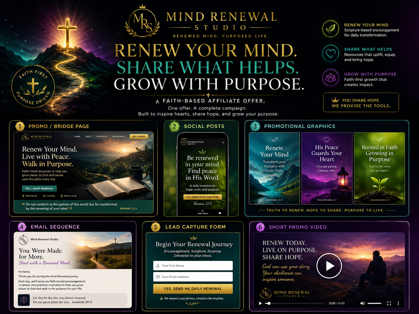 Whole Spread Deluxe sample: promo/bridge page, social posts, promotional graphics, email sequence, lead capture form, and short promo video for one offer