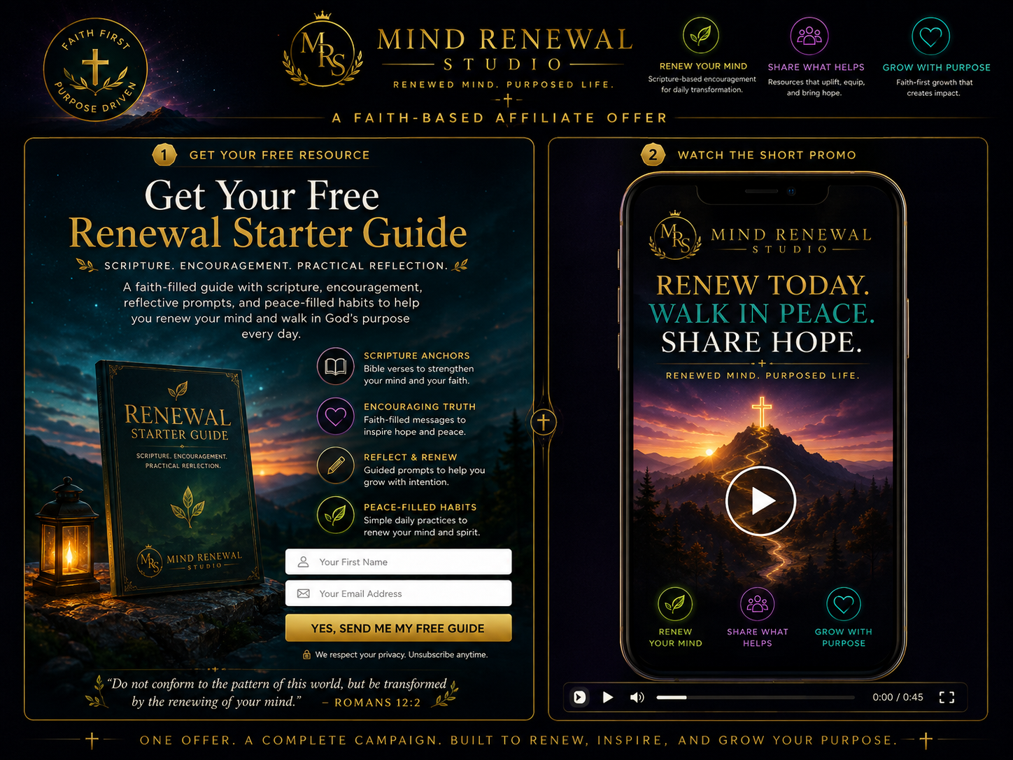 Close-up of a sample lead capture page with a free guide offer beside a short vertical promo video on a phone